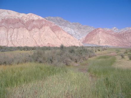 Rot-Grün-Grau-Schwarze Landschaft in Xinjiang, China