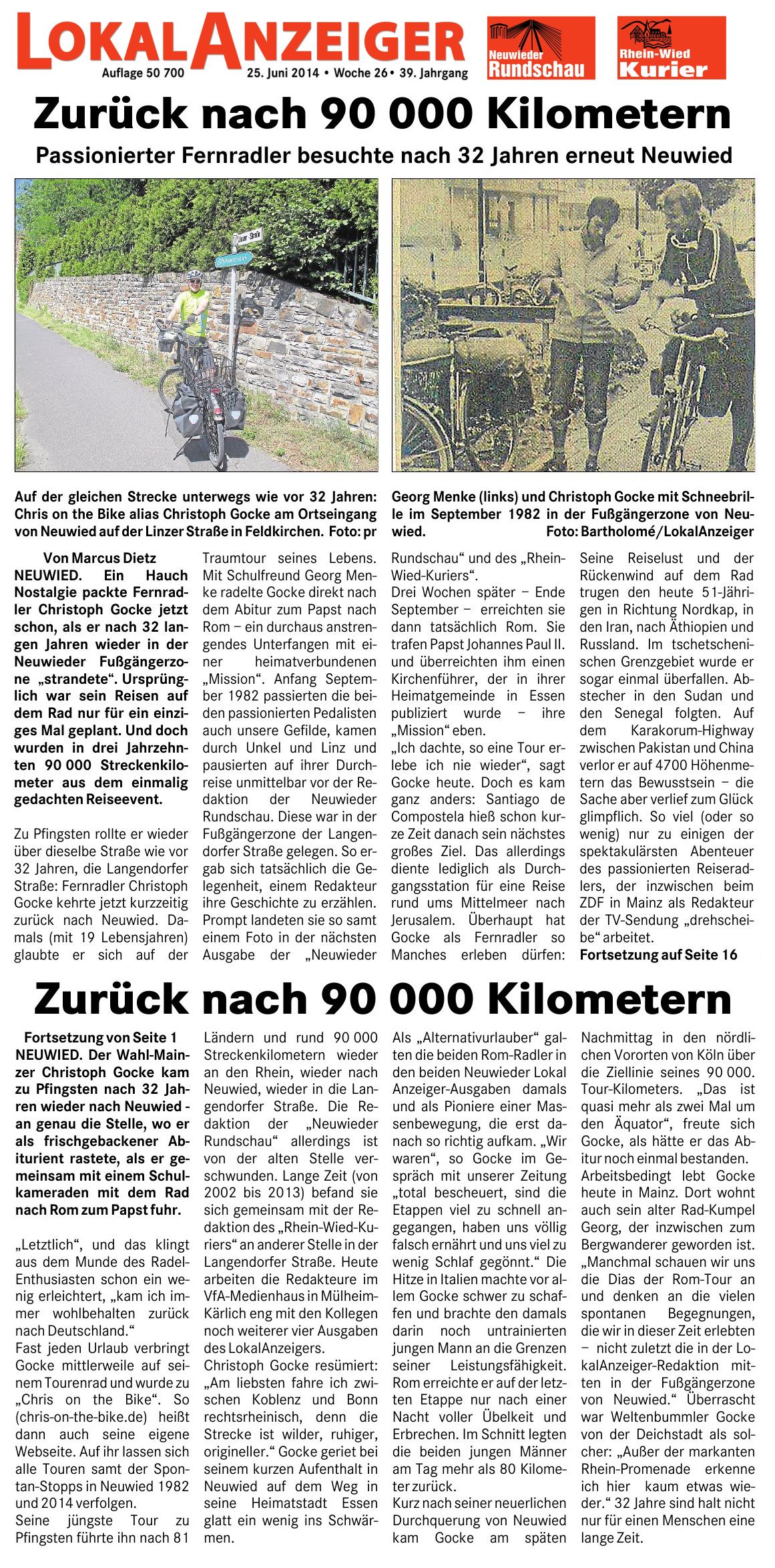 Neuwieder Rundschau und Rhein-Wied-Kurier 25.6.2014: Zurück nach 90.000 Kilometern