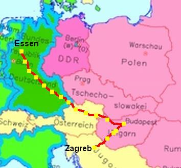 Routen-Karte Essen - Budapest - Zagreb