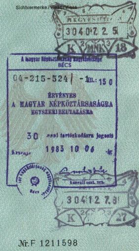 Christoph Gocke 1983 Ungarisches Visum mit Ein- und Ausreisestempel