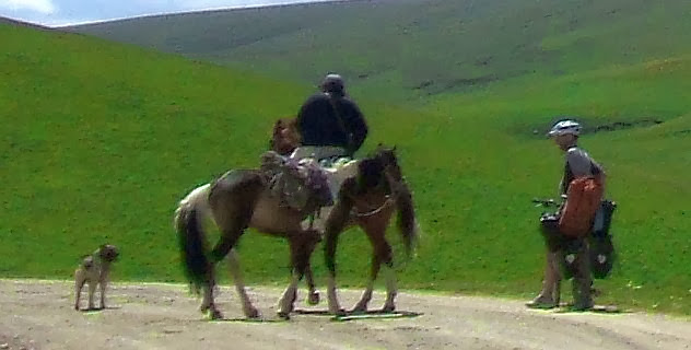 Gespräch mit kirgisischem Reiter samt zwei Pferden und Hund