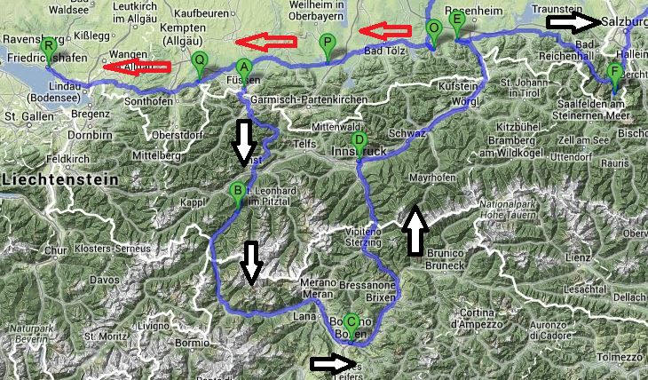Alpen-Route mit Streckenkreuzungen in Füssen und am Schliersee: Via-Claudia und gesamter Bodensee-Königssee-Radweg