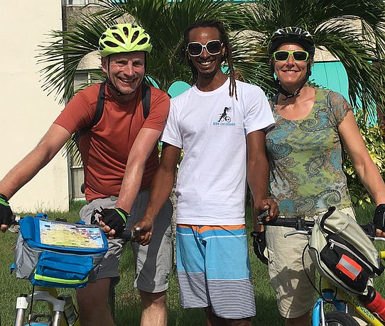 Chris, Randy (bike carribean) and Miri in Bridgetown Cruise Port