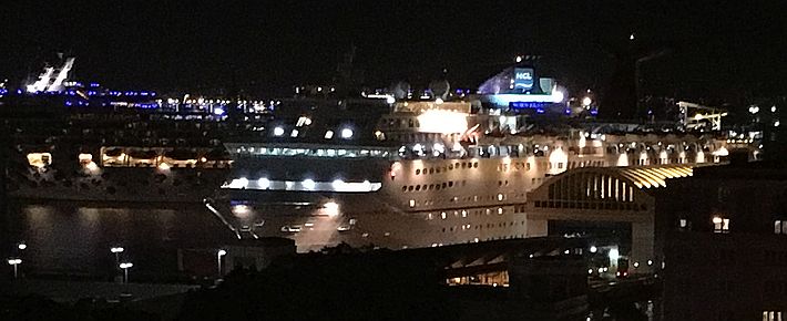Carnival Fascination at night, San Juan, Puerto Rico
