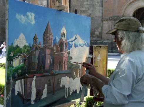 Maler malt die Kathedrale in Etschmiadsin (Echmiadzin, Ejmiatsin, Echmiatsin), Armenien