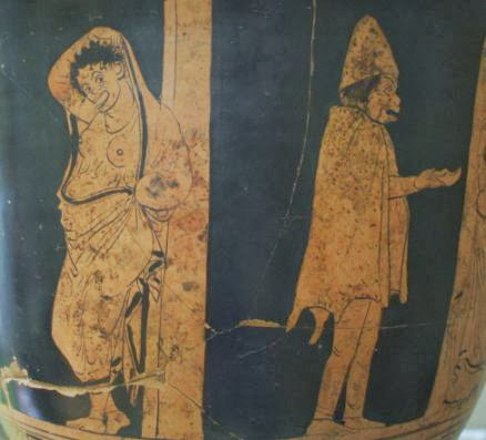 Bettler auf einer alt-griechischen Keramik im Museum von Metaponto, Basilikata, Italien